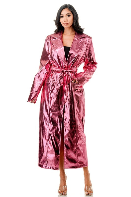 No Time To Play Waist Tie Pink Metallic Trench Coat