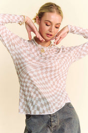 CHECKER BOARD MESH LONG SLEEVE LAYERING TOP