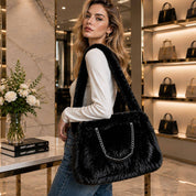 Solid Plush Faux Fur Shoulder Tote Bag
