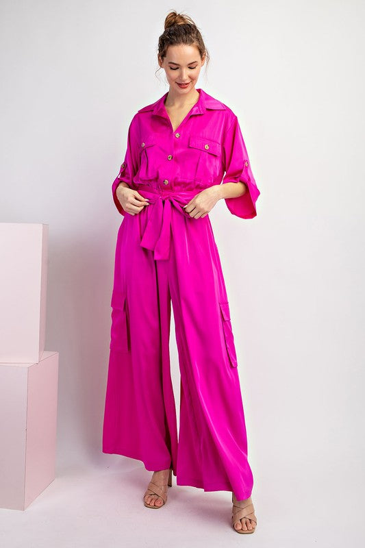 Magenta Satin Cargo Jumpsuit