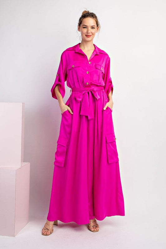 Magenta Satin Cargo Jumpsuit