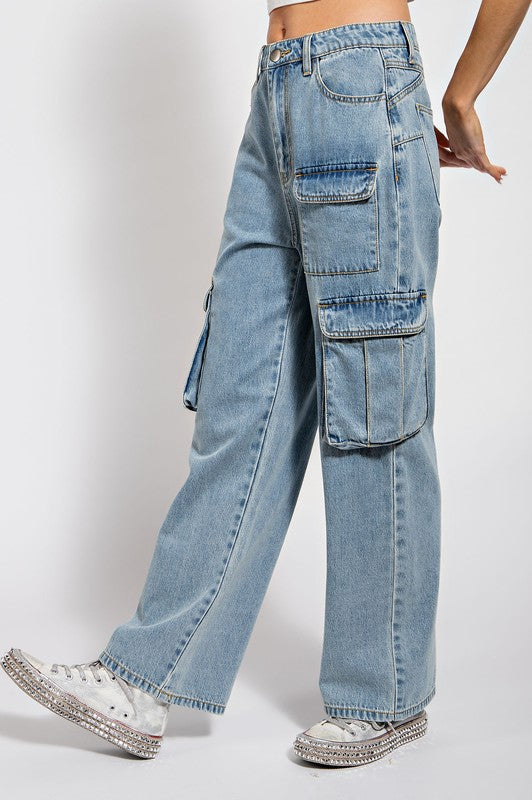 Washed Denim Cargo Pants