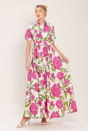 BLOOMING ROSE WOVEN MAXI SHIRT DRESS