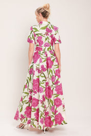 BLOOMING ROSE WOVEN MAXI SHIRT DRESS