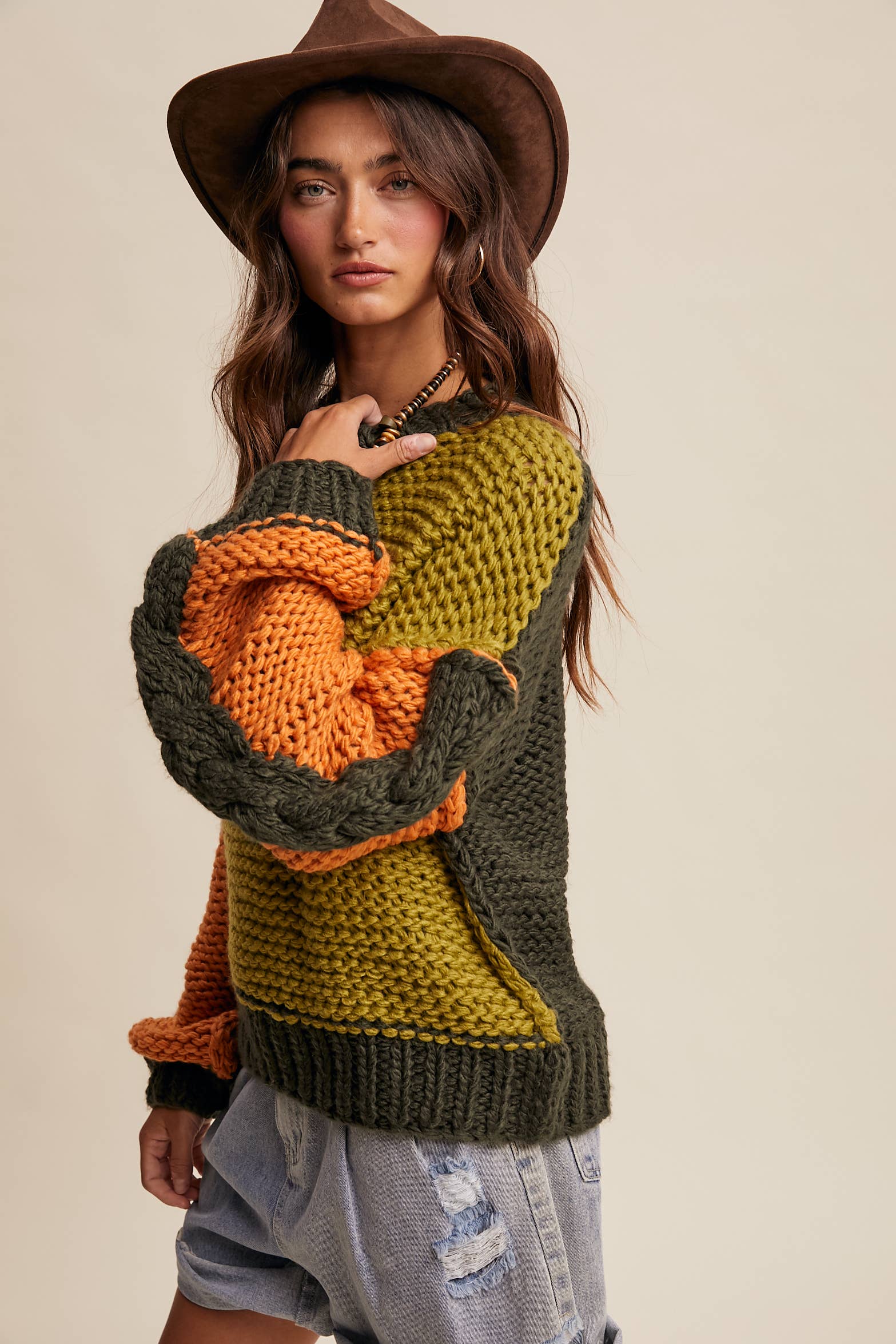 Hand-Knit Colorblock Chunky Pullover