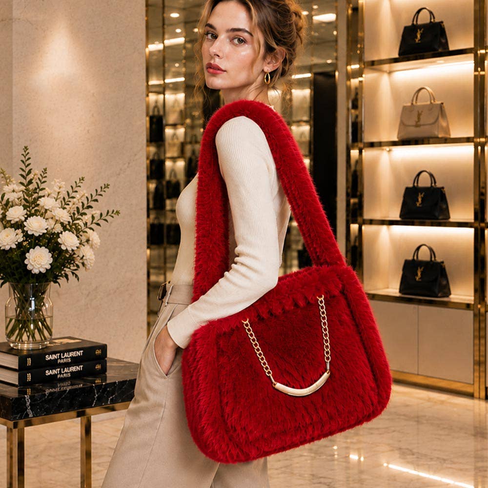 Solid Plush Faux Fur Shoulder Tote Bag