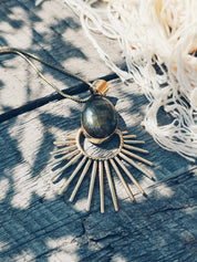 Brass labradorite starburst pendant charm necklace