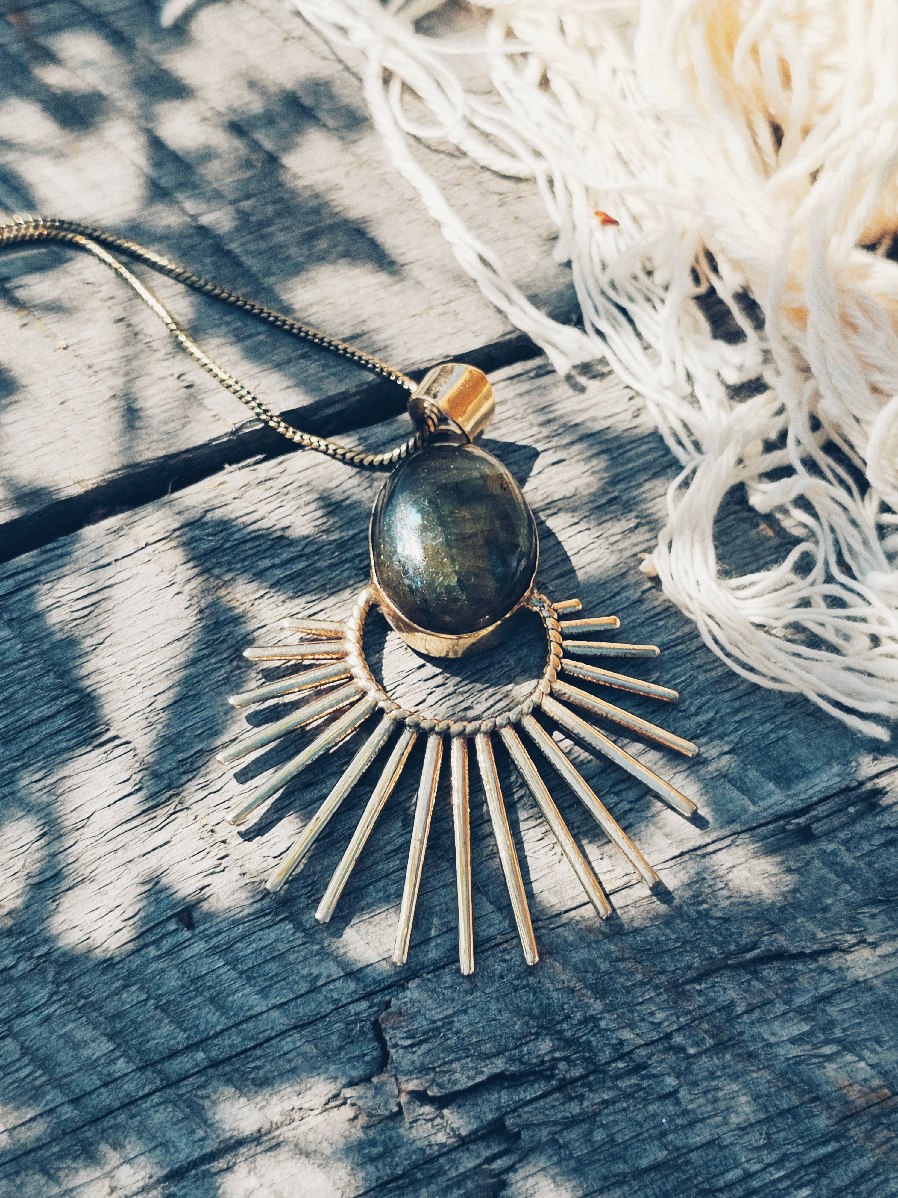 Brass labradorite starburst pendant charm necklace