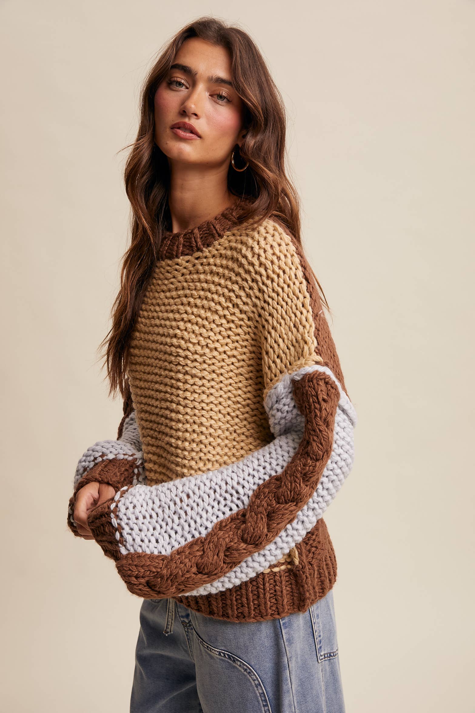 Hand-Knit Colorblock Chunky Pullover