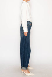 HIGH RISE RELAXED TAPERED DARK WASH BARREL JEANS