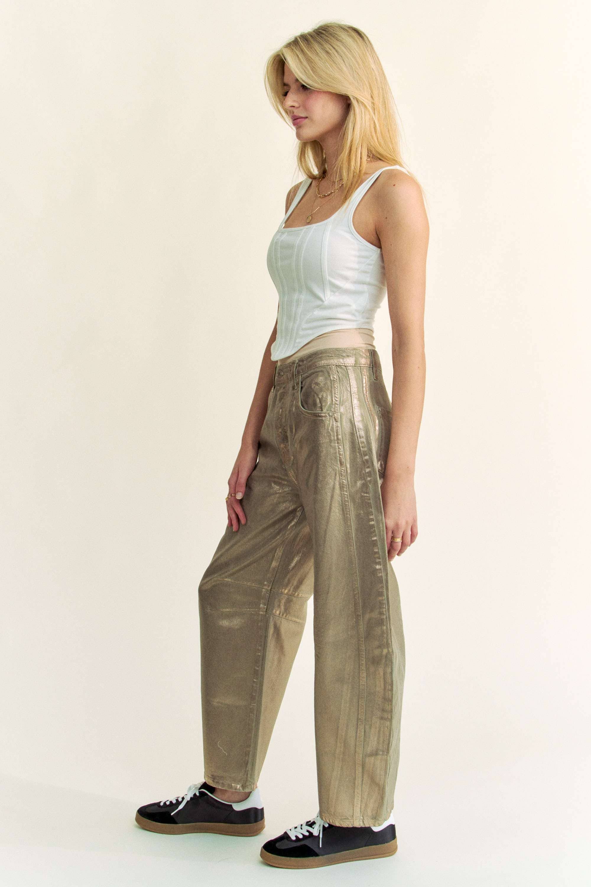 STRUCTURED BARREL LEGS RETRO GOLD FOILED JEANS