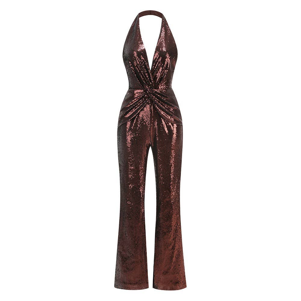 Sequin Halter Deep V High-Waist Flared Party Jumpsuit