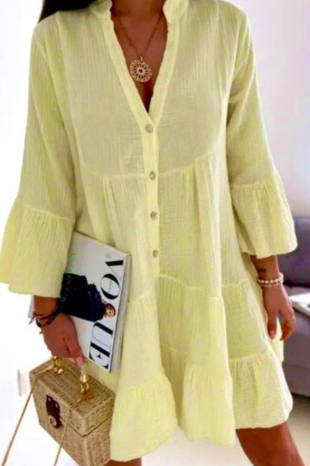 Yellow Cotton Italian Short Dress 3/4 Sleeves