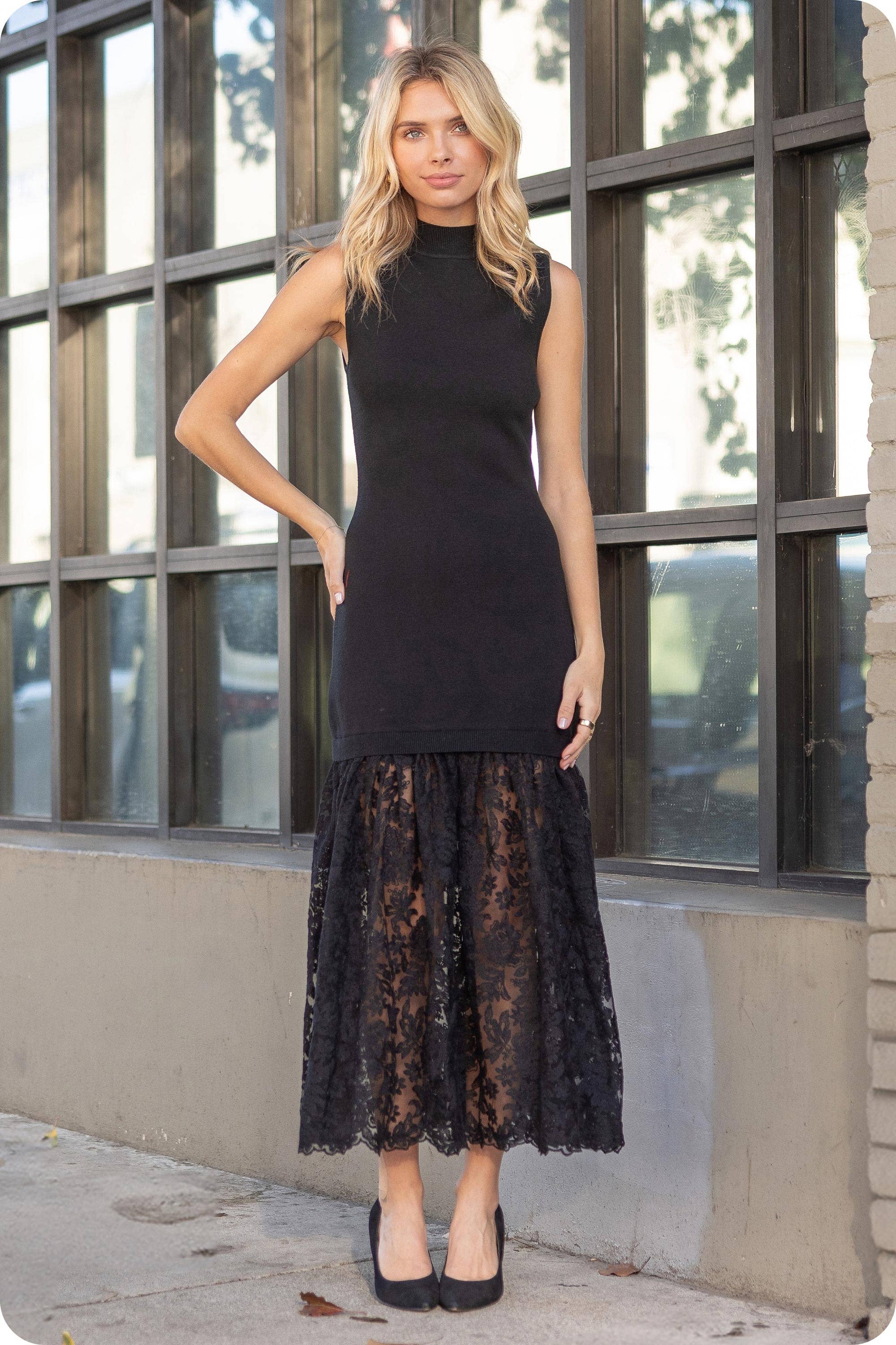 Lace Contrast Mock Neck Knit Dress