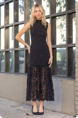 Lace Contrast Mock Neck Knit Dress