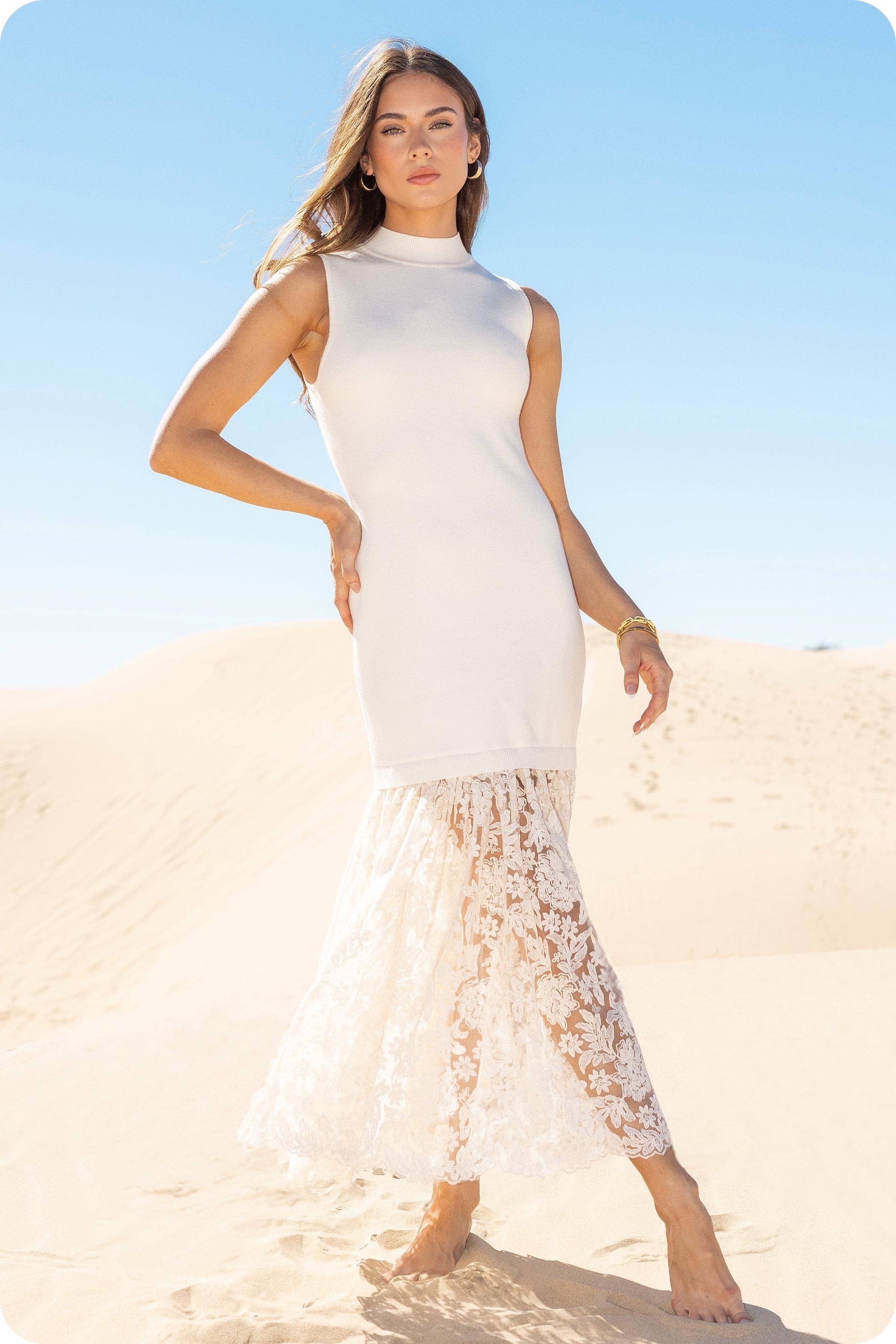 Lace Contrast Mock Neck Knit Dress