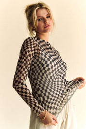 CHECKER BOARD MESH LONG SLEEVE LAYERING TOP