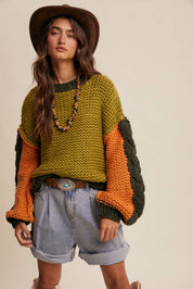 Hand-Knit Colorblock Chunky Pullover