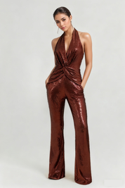 Sequin Halter Deep V High-Waist Flared Party Jumpsuit