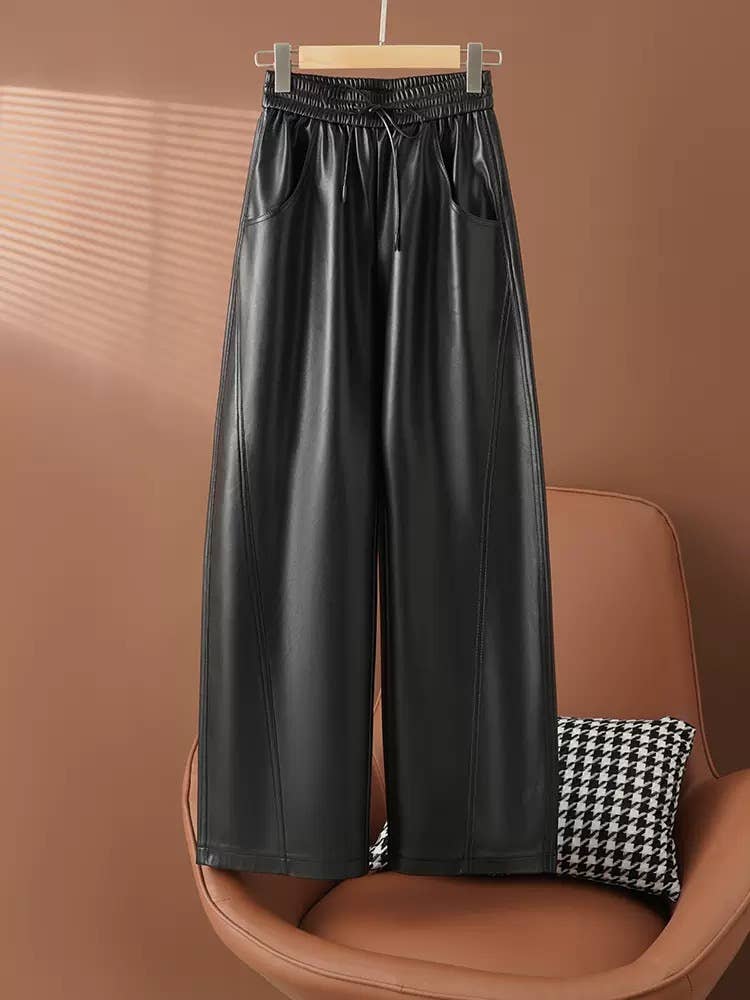 High-Waist PU Leather Wide-Leg Pants for Women