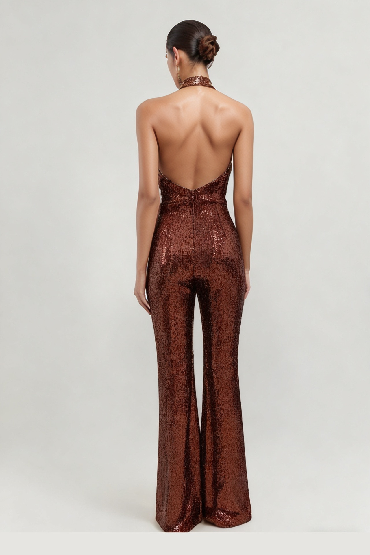 Sequin Halter Deep V High-Waist Flared Party Jumpsuit