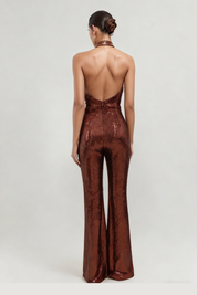 Sequin Halter Deep V High-Waist Flared Party Jumpsuit