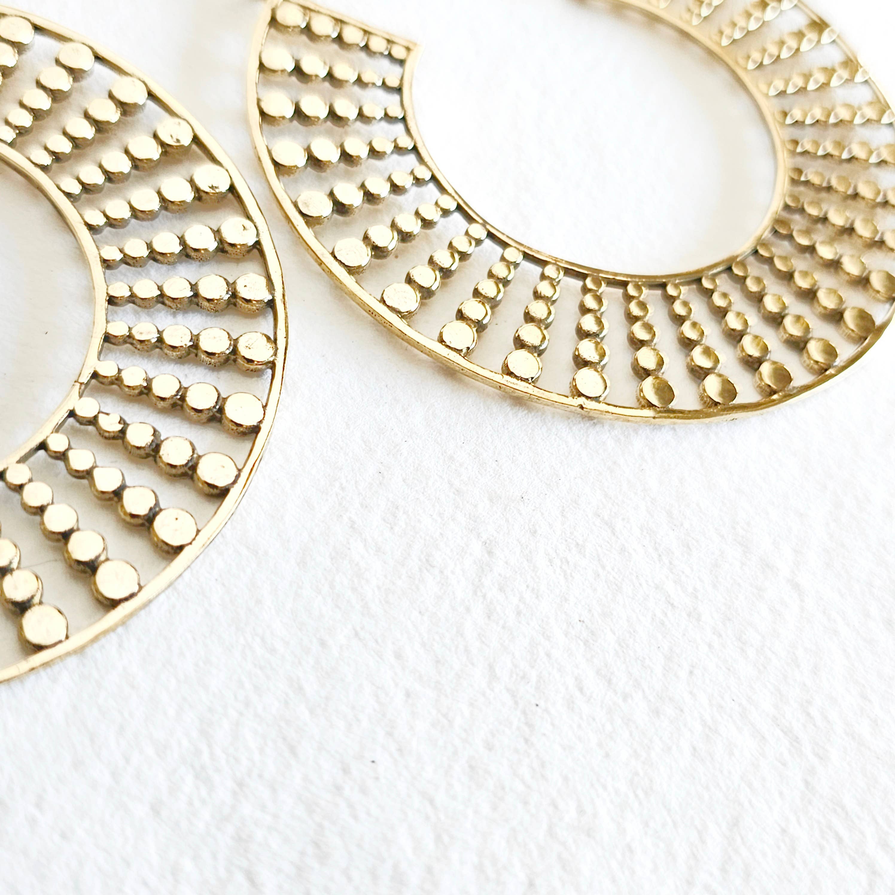 Brass big bold hoop earrings large dotted beaded style