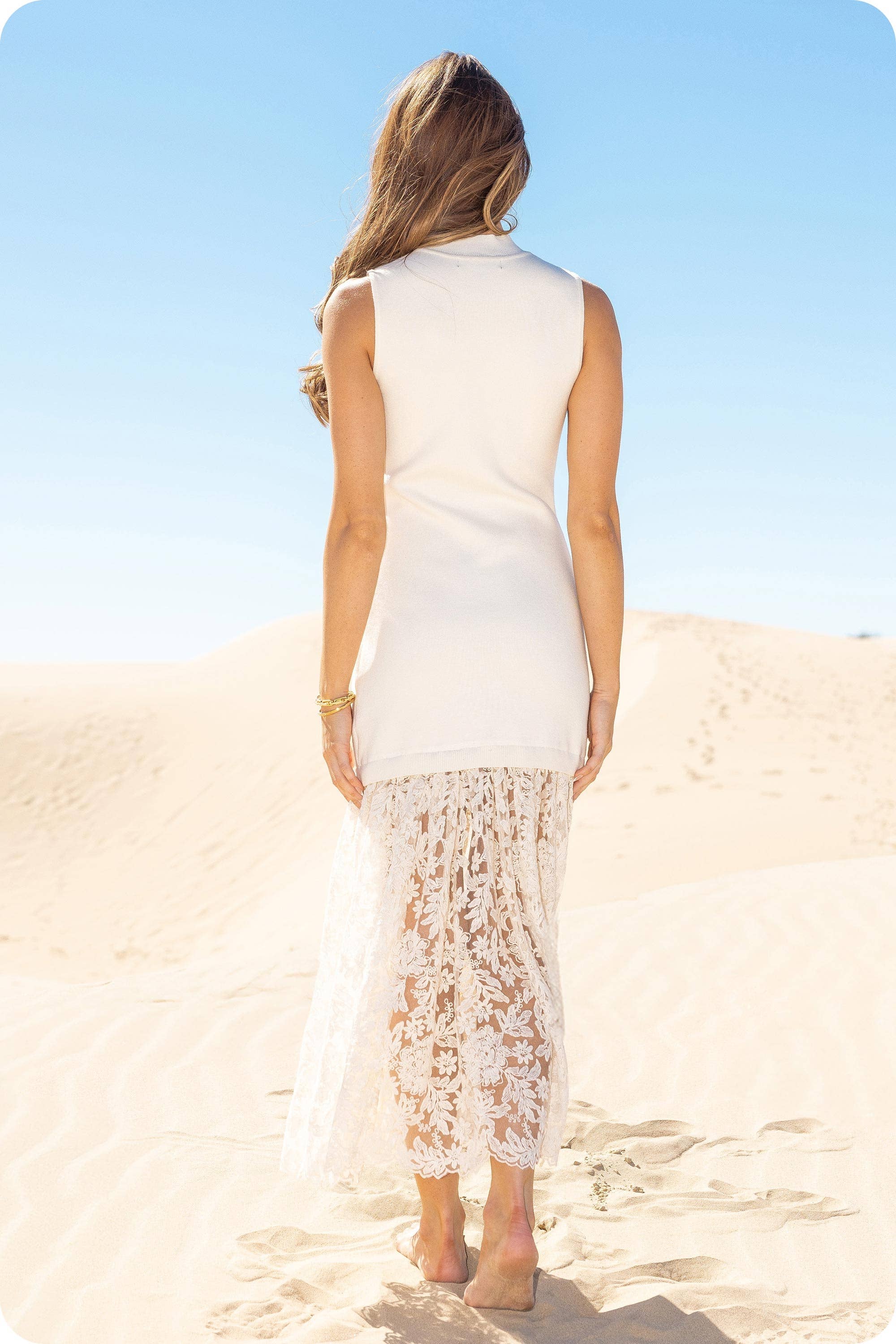 Lace Contrast Mock Neck Knit Dress