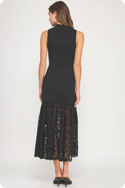 Lace Contrast Mock Neck Knit Dress