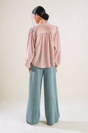 Russet Striped Button-Up Peasant Top