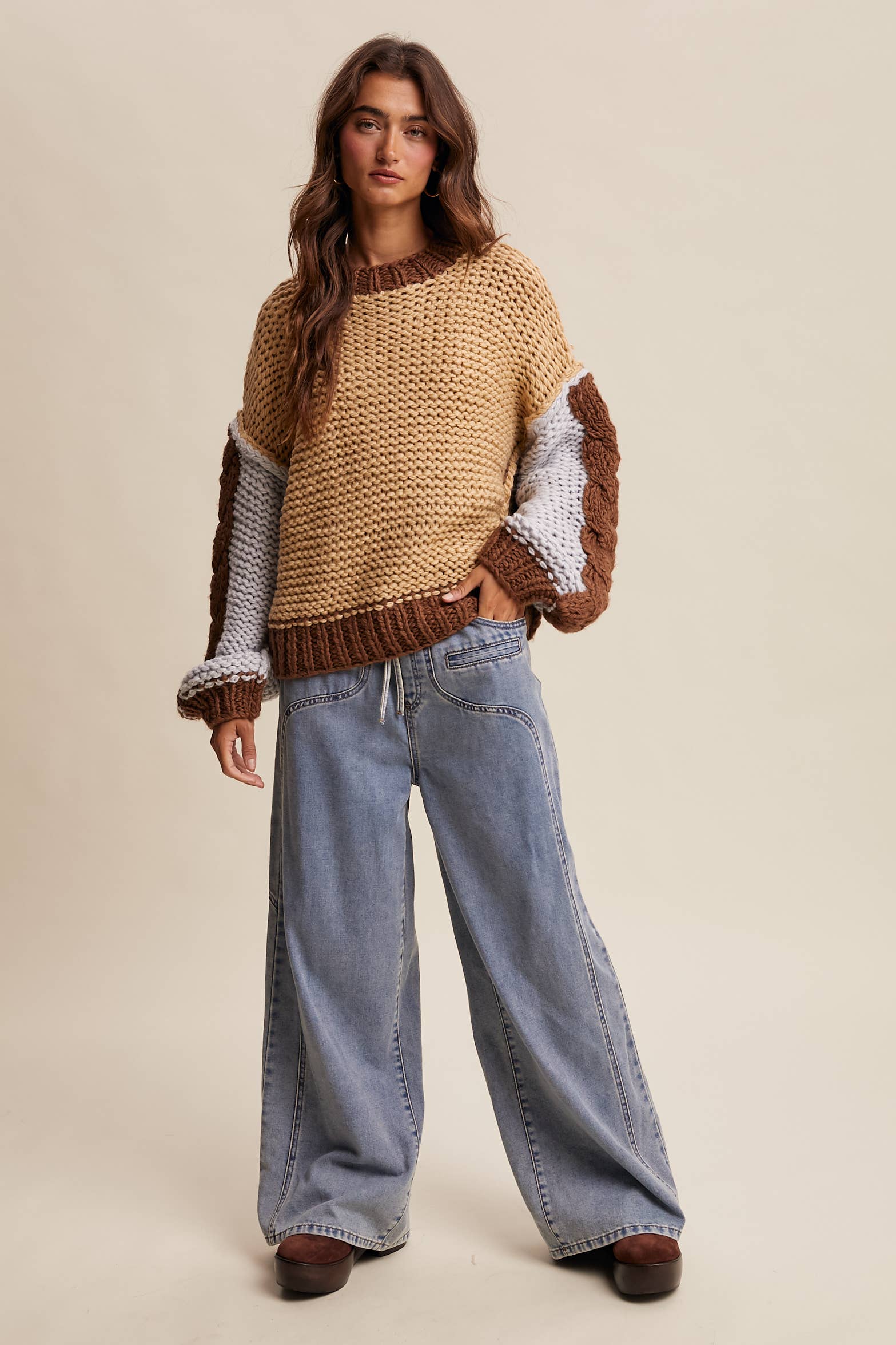 Hand-Knit Colorblock Chunky Pullover