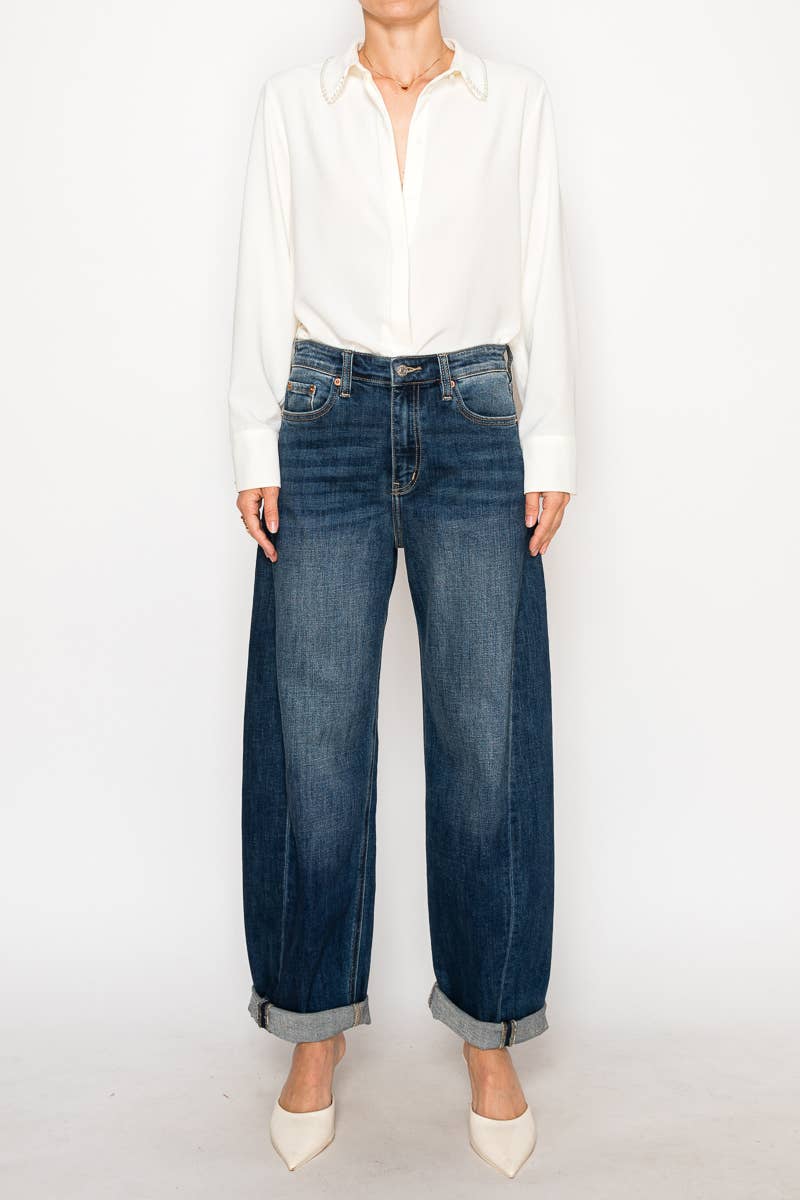 HIGH RISE RELAXED TAPERED DARK WASH BARREL JEANS