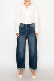 HIGH RISE RELAXED TAPERED DARK WASH BARREL JEANS