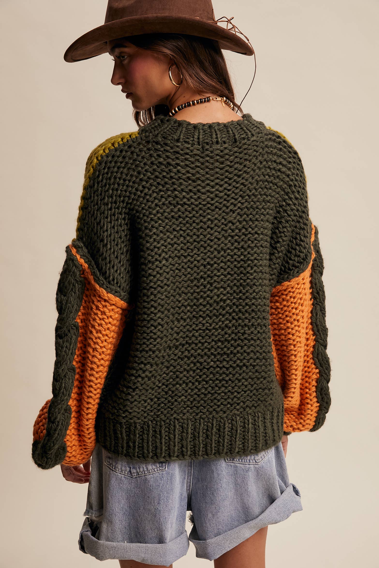 Hand-Knit Colorblock Chunky Pullover