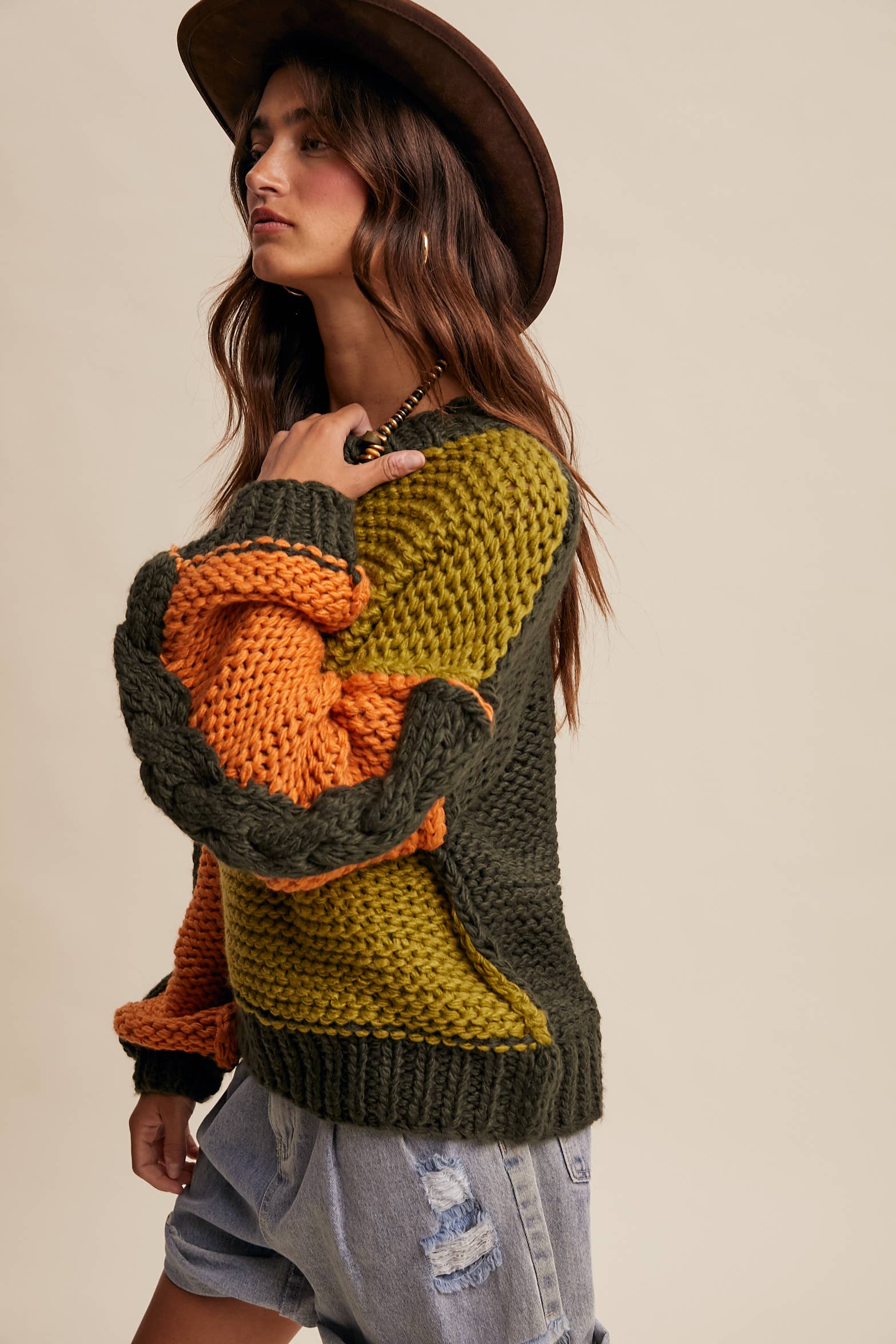 Hand-Knit Colorblock Chunky Pullover