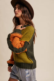 Hand-Knit Colorblock Chunky Pullover