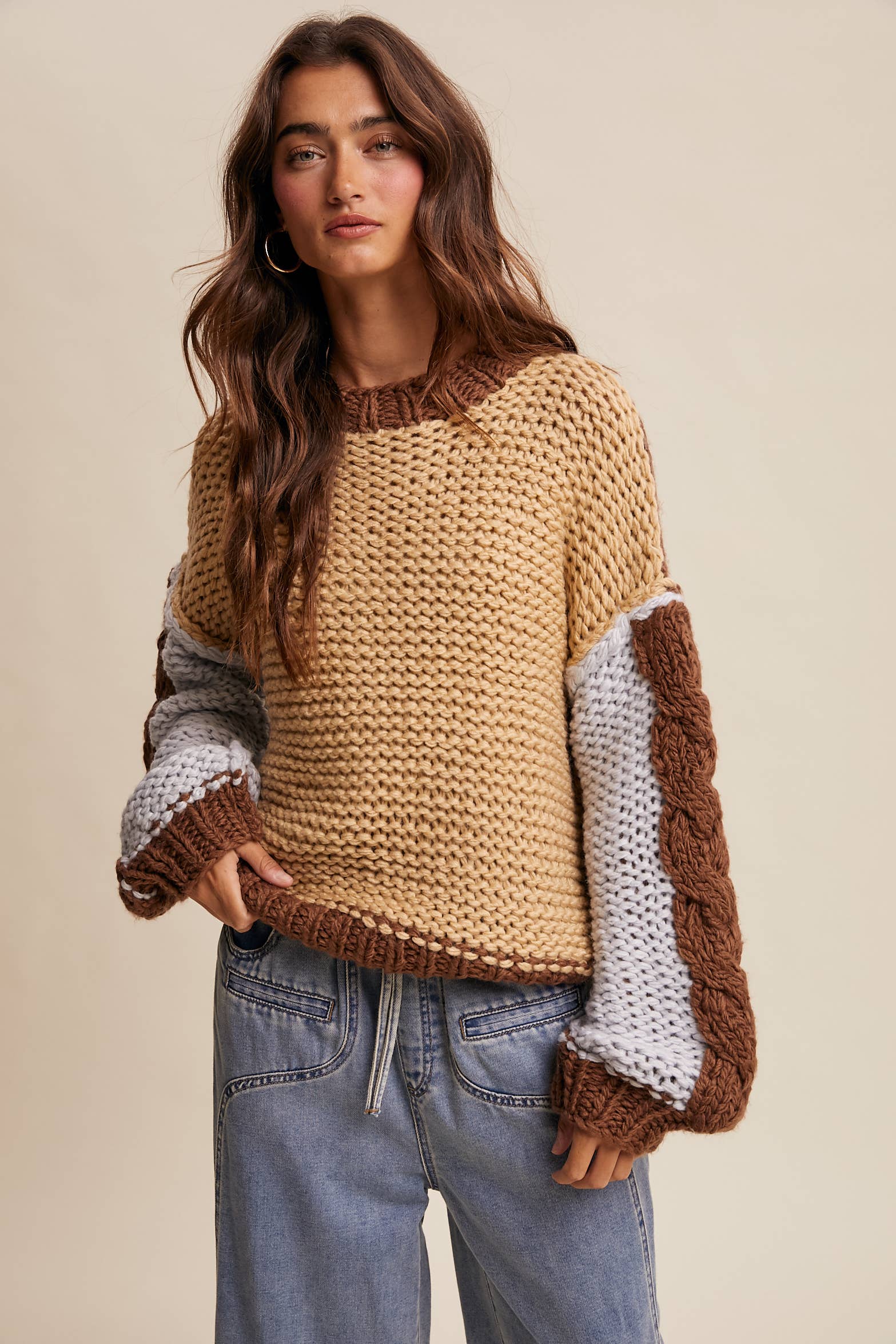 Hand-Knit Colorblock Chunky Pullover