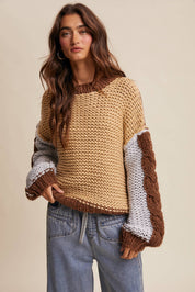 Hand-Knit Colorblock Chunky Pullover