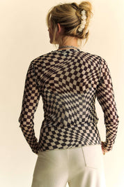 CHECKER BOARD MESH LONG SLEEVE LAYERING TOP