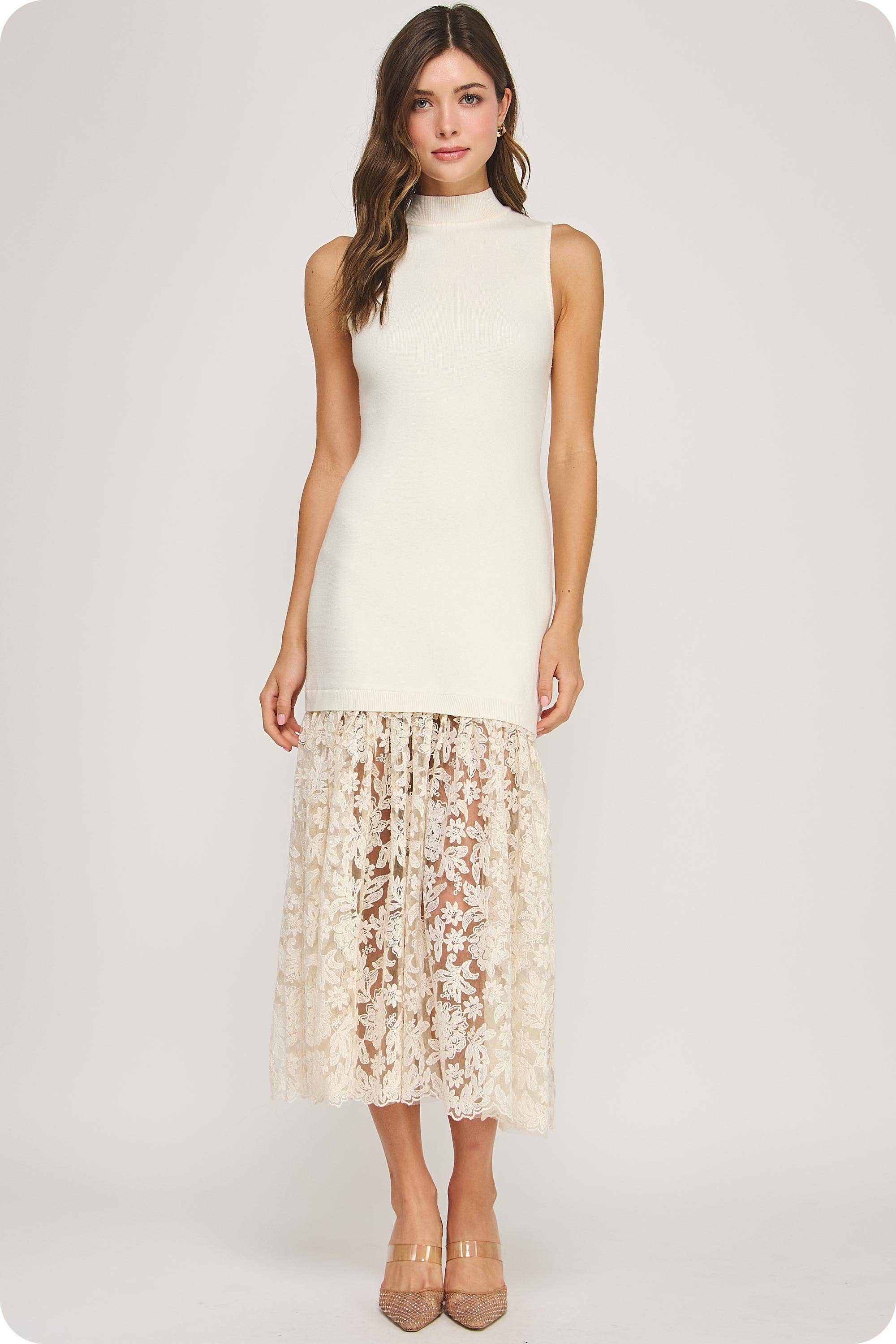 Lace Contrast Mock Neck Knit Dress