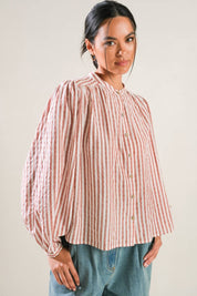 Russet Striped Button-Up Peasant Top