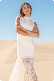 Lace Contrast Mock Neck Knit Dress