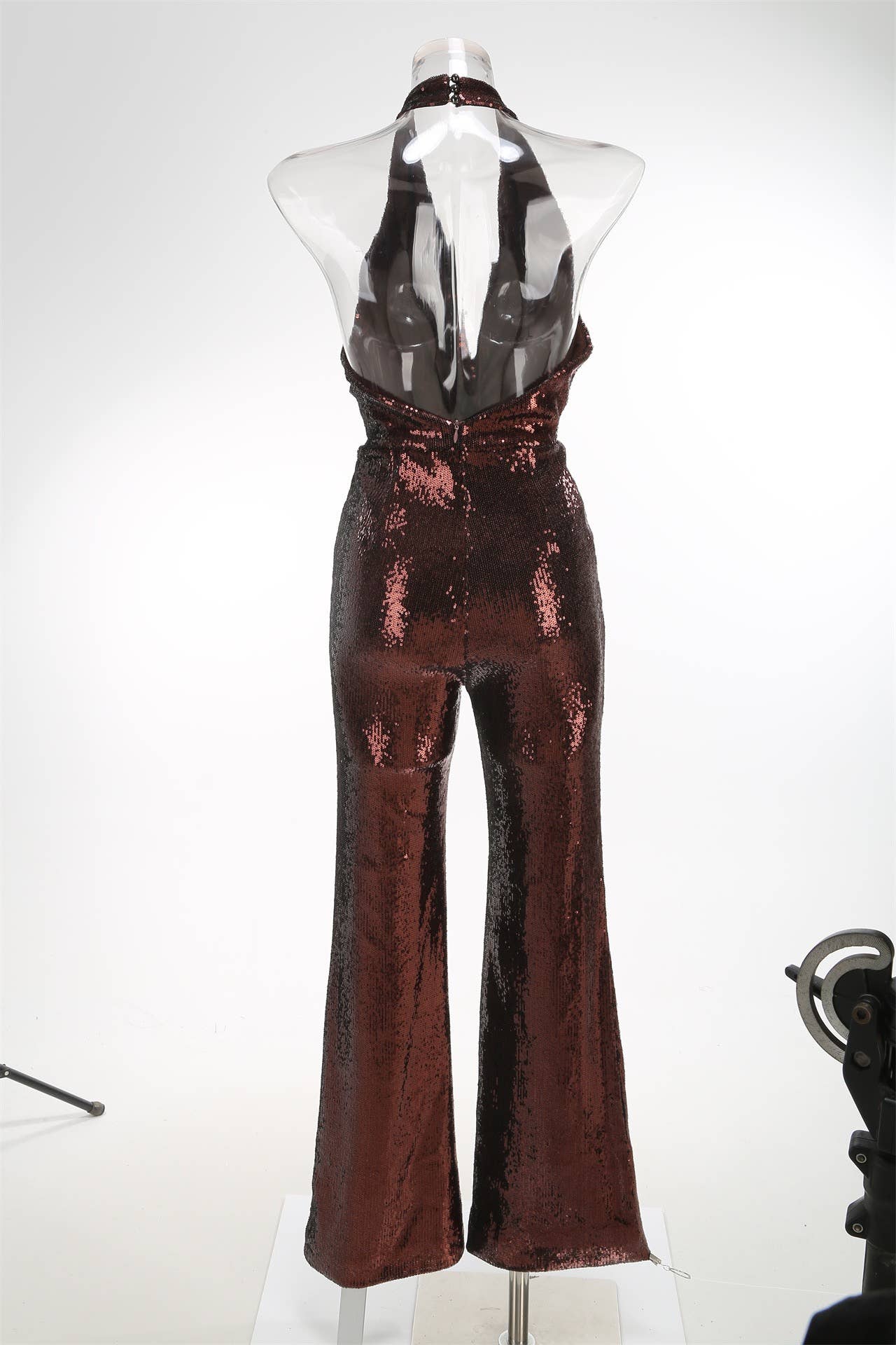 Sequin Halter Deep V High-Waist Flared Party Jumpsuit