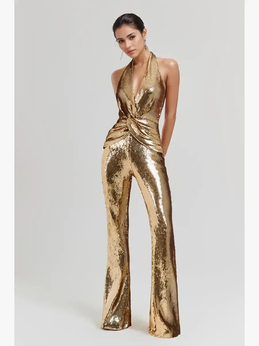 Sequin Halter Deep V High-Waist Flared Party Jumpsuit