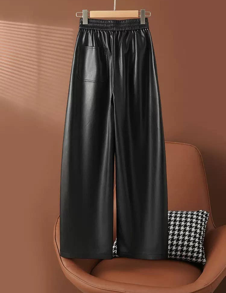 High-Waist PU Leather Wide-Leg Pants for Women