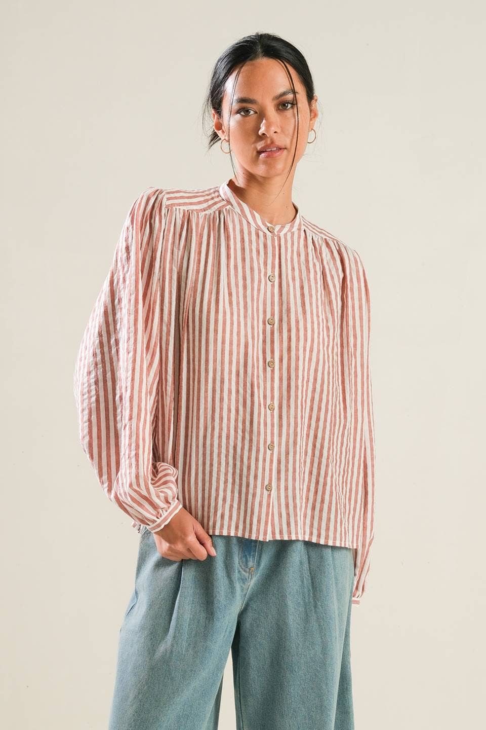 Russet Striped Button-Up Peasant Top