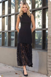 Lace Contrast Mock Neck Knit Dress