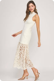 Lace Contrast Mock Neck Knit Dress