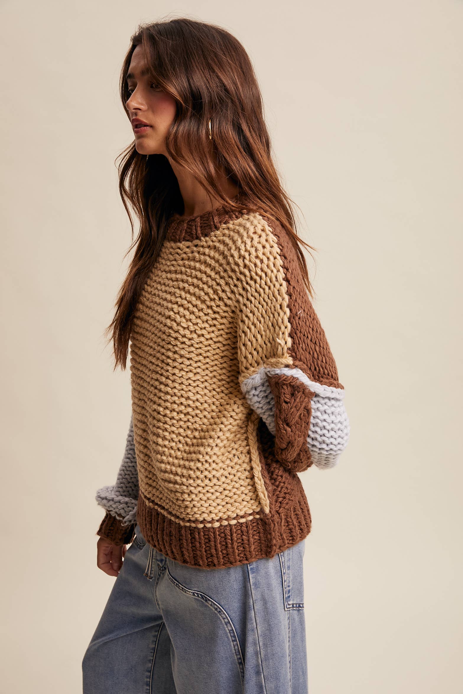 Hand-Knit Colorblock Chunky Pullover