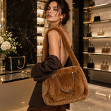 Solid Plush Faux Fur Shoulder Tote Bag